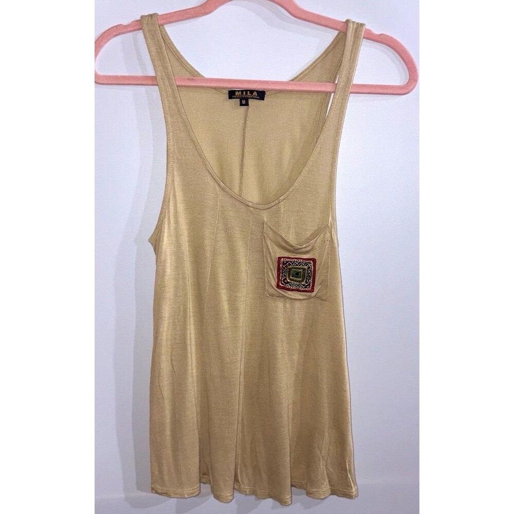 Mila Women’s Tank Top M Beige Solid Scoop Neck Sleeveless Embroidered Pullover